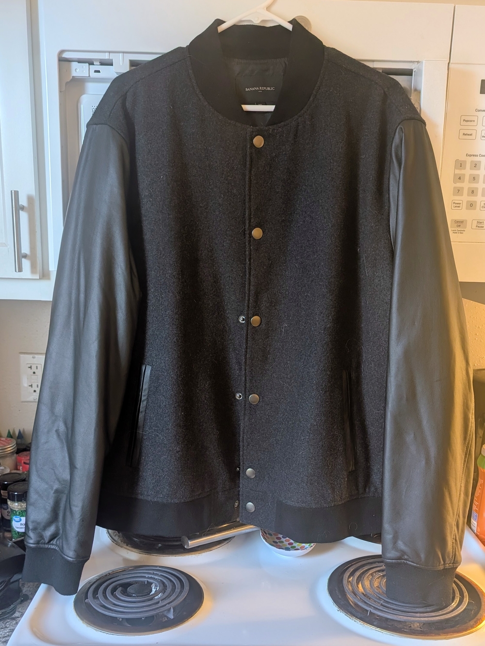 Banana Republic Black Wool and Leather Varsity Bomber Jacket